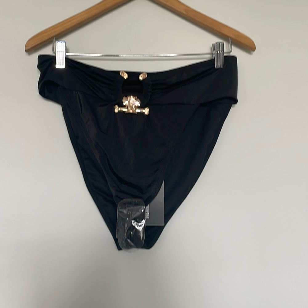 PrettyLittleThing Hammered Trim Black High Waisted Rise Bikini Bottom Sz 12 NWT